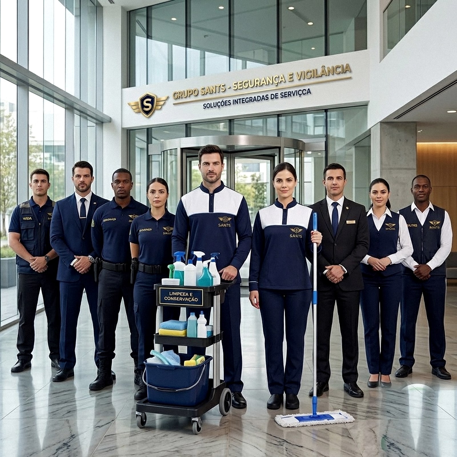 Equipe do Grupo Sants com vigilantes, segurança executiva, recepção e limpeza e conservação, uniformizados em azul noturno, no saguão de um edifício corporativo